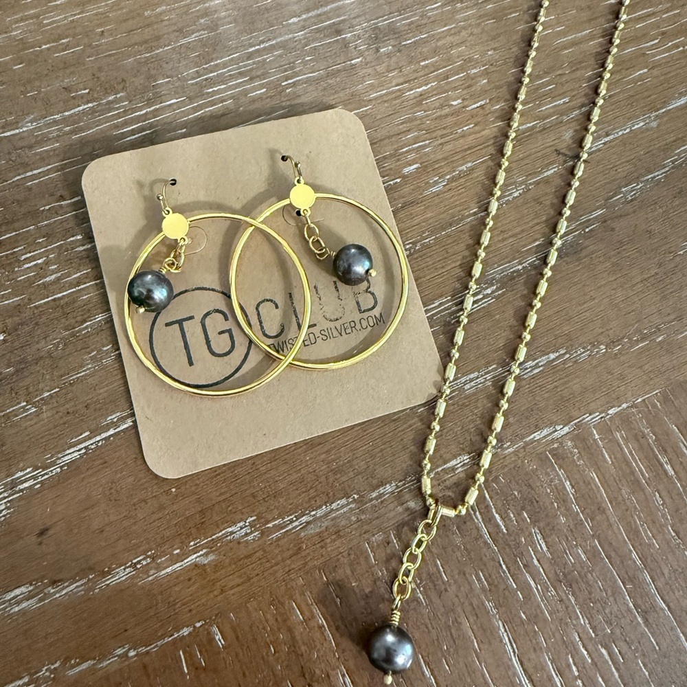 Twisted Silver Gold and Black pearl necklace and Hoop Earrings set